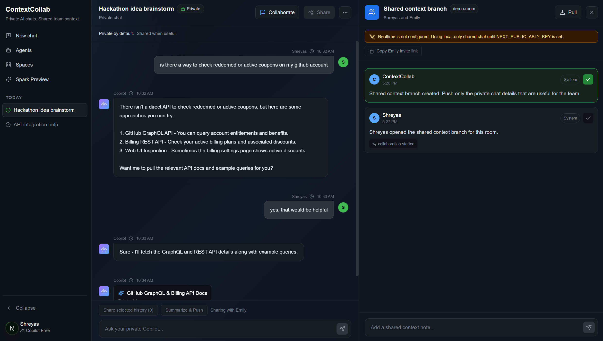 ContextCollab UX showing private chat and shared context branch